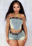 Strapless Stretch Two Piece Denim Shorts Set