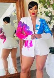 Women's Fashion Casual Collar Printed Blazer Shorts Two Piece Suit