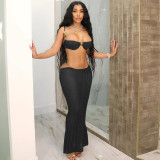 Summer Sexy See-Through Lace-Up Bra Low Waist Slim Skirt Two Piece Set