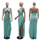 Sexy Halter Neck Mesh Slim High Slit Fashion Solid Color Long Dress