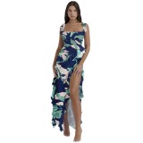 Sexy Printed Ruffle Strap Slit Long Dress