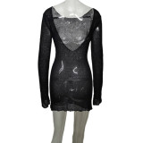 Women Summer Backless Beach Holidays Long Sleeve Hollow Dress