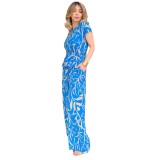 Women's Spring Summer Fashion Print Lace-Up Waist Top High Waist Wide Leg Pants Two-Piece Set