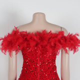 Sexy Sequin Feather Off Shoulder Bodycon Dress