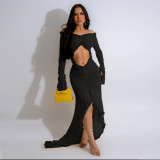 Solid Color See-Through Off Shoulder Long-Sleeved Sexy Long Dress
