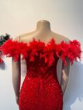 Sexy Sequin Feather Off Shoulder Bodycon Dress