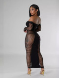 Off Shoulder Long Sleeve Stretch See Through Sexy Dress