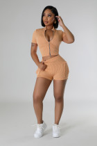 Female Fashion Two-Way Zipper Casual Solid Color Short Sleeve Two Piece Shorts Set