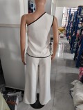 Women Solid One Shoulder Sleeveless Top And Wide Leg Pants Two Piece Set