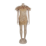 Sexy Sequin Feather Off Shoulder Bodycon Dress