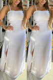 Solid Color Strap Backless Lace-Up Slit Long Dress