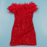Sexy Sequin Feather Off Shoulder Bodycon Dress