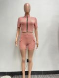 Female Fashion Two-Way Zipper Casual Solid Color Short Sleeve Two Piece Shorts Set