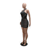 Beaded See-Through Sexy Mesh Halter Neck Fashion Club Dress