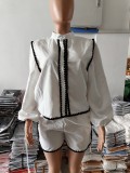 Women Round Neck Long Sleeve Top And Shorts Two-piece Set