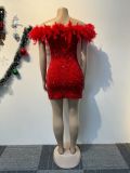 Sexy Sequin Feather Off Shoulder Bodycon Dress