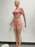 Female Fashion Two-Way Zipper Casual Solid Color Short Sleeve Two Piece Shorts Set