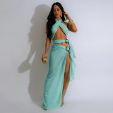 Sexy Halter Neck Mesh Slim High Slit Fashion Solid Color Long Dress