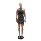 Beaded See-Through Sexy Mesh Halter Neck Fashion Club Dress