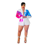 Women's Fashion Casual Collar Printed Blazer Shorts Two Piece Suit