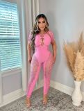Sexy Hollow See Through Halter Backless Short Sleeve Tight Fit Jumpsuit