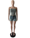 Strapless Stretch Two Piece Denim Shorts Set