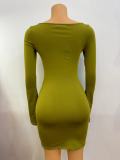 Women U Neck Bell Bottom Long Sleeve Bodycon Solid Pleated Dress