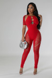 Sexy Hollow See Through Halter Backless Short Sleeve Tight Fit Jumpsuit