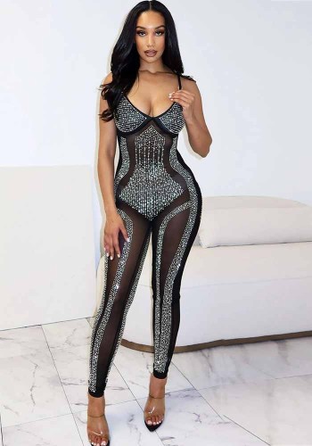 Beaded See-Through Mesh Strap Slim Jumpsuit