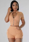 Female Fashion Two-Way Zipper Casual Solid Color Short Sleeve Two Piece Shorts Set