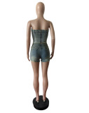 Strapless Stretch Two Piece Denim Shorts Set