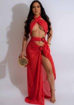 Sexy Halter Neck Mesh Slim High Slit Fashion Solid Color Long Dress Sexy Halter Neck Mesh Slim High Slit Fashion Solid Color Long Dress