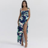 Sexy Printed Ruffle Strap Slit Long Dress