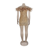 Sexy Sequin Feather Off Shoulder Bodycon Dress