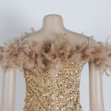 Sexy Sequin Feather Off Shoulder Bodycon Dress