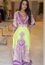 Summer Printed V-Neck Low Back Half-Sleeve Slim Sexy Maxi Dress