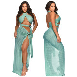 Sexy Halter Neck Mesh Slim High Slit Fashion Solid Color Long Dress