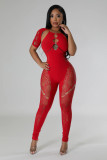 Sexy Hollow See Through Halter Backless Short Sleeve Tight Fit Jumpsuit