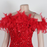 Sexy Sequin Feather Off Shoulder Bodycon Dress