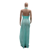 Sexy Halter Neck Mesh Slim High Slit Fashion Solid Color Long Dress
