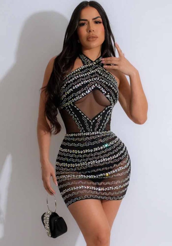 Beaded See-Through Sexy Mesh Halter Neck Fashion Club Dress
