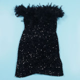Sexy Sequin Feather Off Shoulder Bodycon Dress