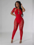 Sexy Hollow See Through Halter Backless Short Sleeve Tight Fit Jumpsuit