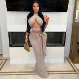 Sexy Halter Neck Mesh Slim High Slit Fashion Solid Color Long Dress