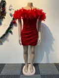 Sexy Sequin Feather Off Shoulder Bodycon Dress