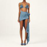 Women Flower One Shoulder Hollow Denim One-Piece Swimwear