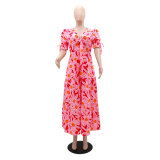 Women V-neck Sexy Hollow Lace Bubble Short Sleeve Lace Print Maxi Dress