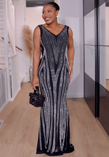 Women Beaded V-neck Sleeveless Elastic Bodycon Maxi Dress