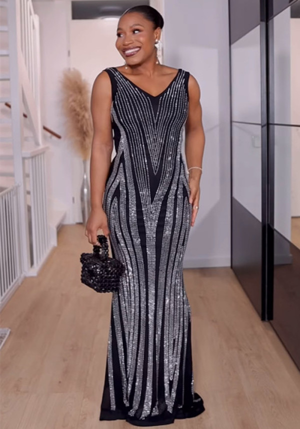 Women Beaded V-neck Sleeveless Elastic Bodycon Maxi Dress