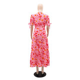 Women V-neck Sexy Hollow Lace Bubble Short Sleeve Lace Print Maxi Dress